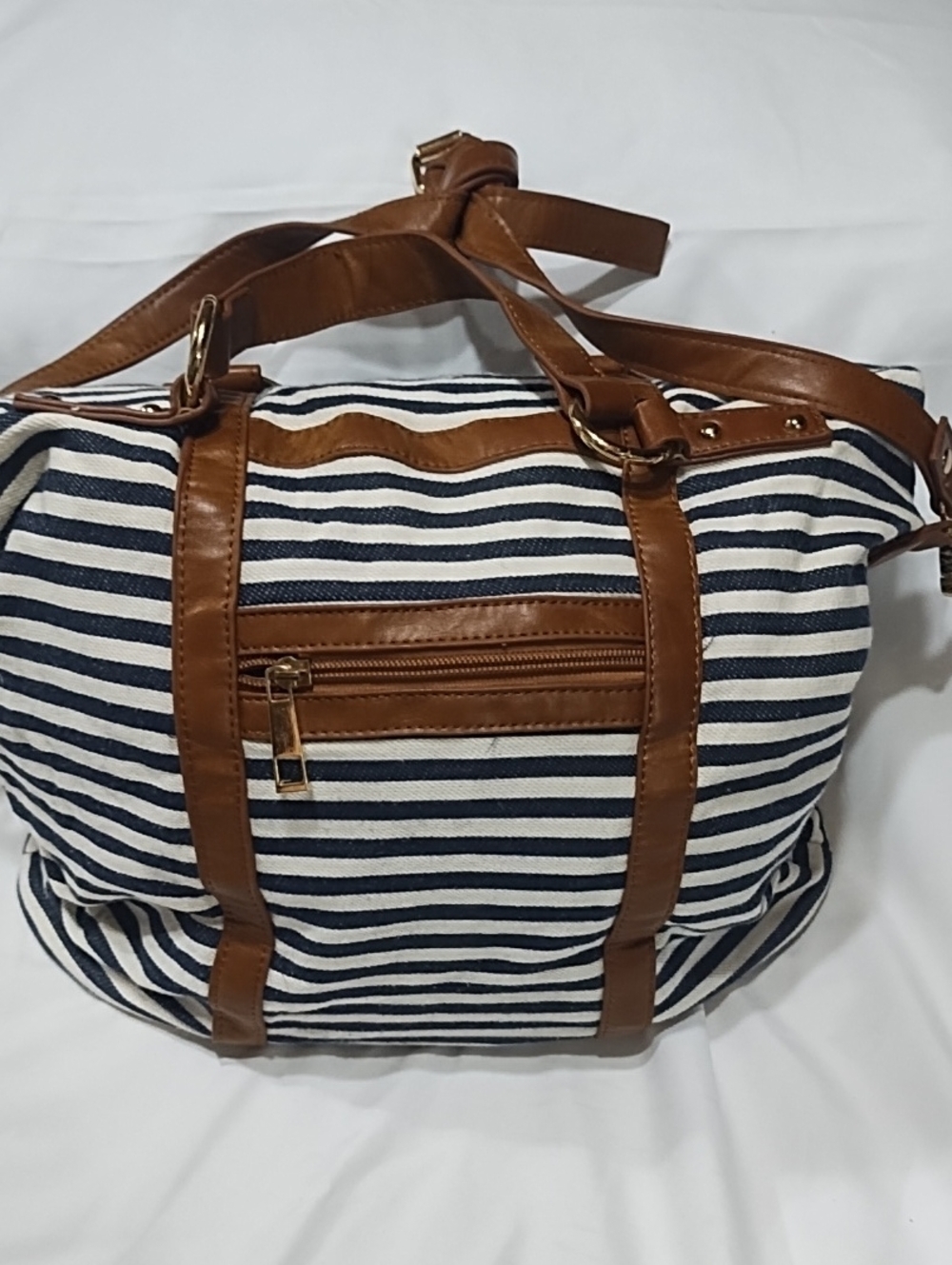 Forever 21 Striped Canvas Tote Bag/Purse with Brown Trim VGC